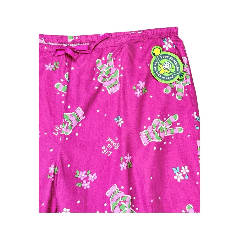 NWT Life Is Good Flannel Sleep Pants Women's XXL Pink Peace Glove Print Lounge